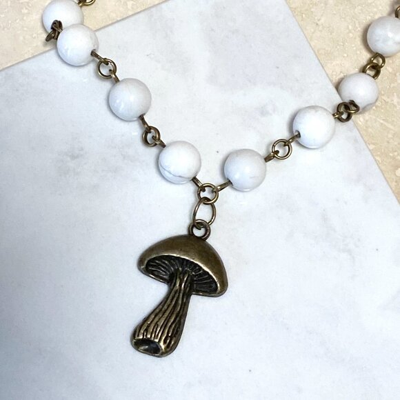 Natural White Magnesite Choker, Cute Bronze Slim Mushroom + Genuine Gemstone - Picture 4 of 14